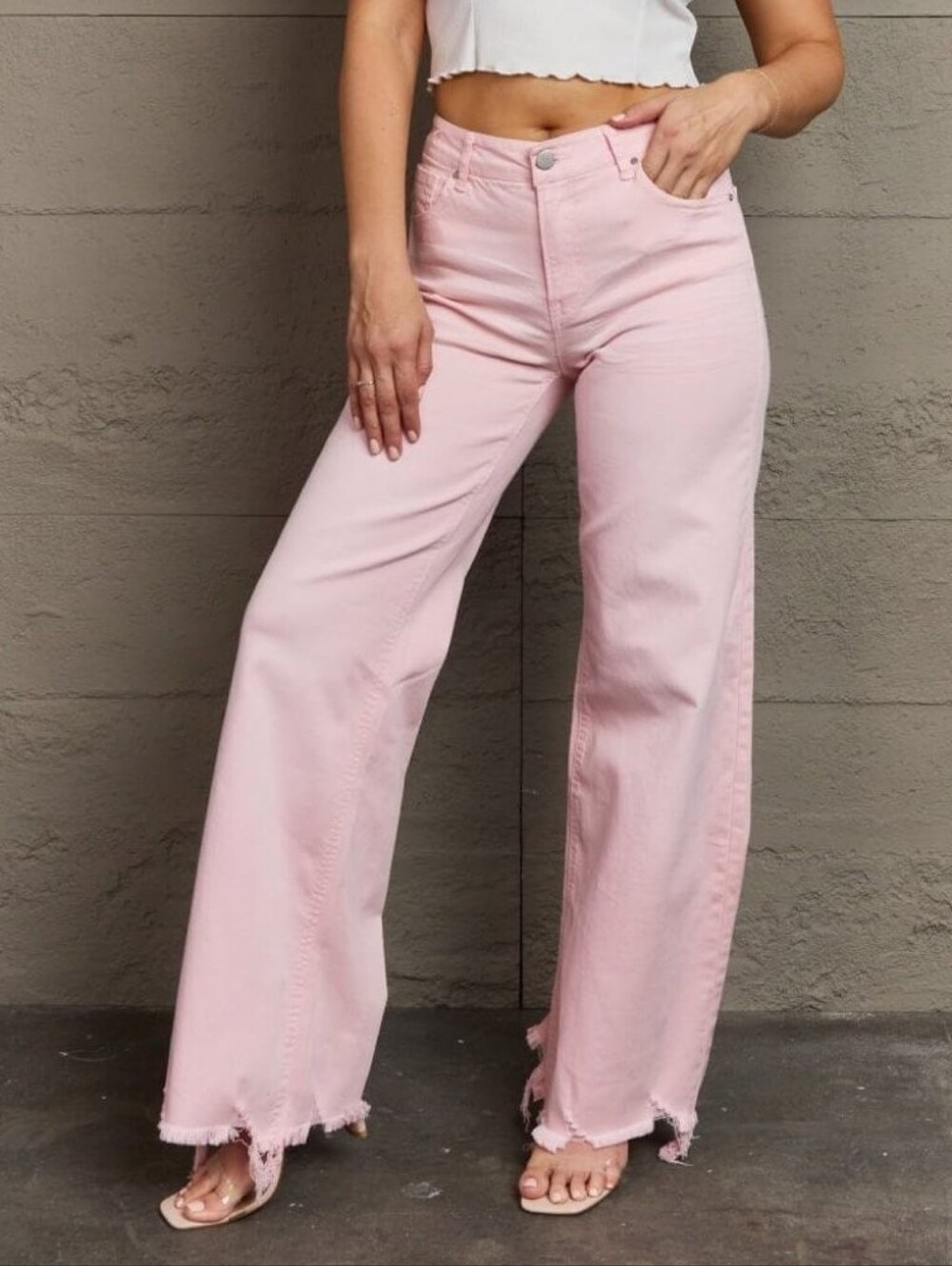 RISEN Barbie Pink HR Wide Leg Raw Hem Jeans